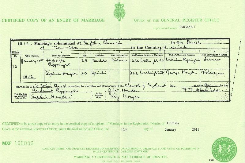 Rippington (Frederick) 1912 Marriage Certificate